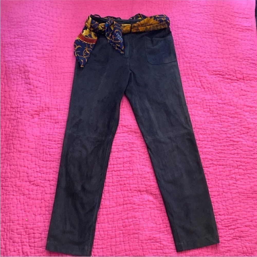 Chanel Black suede Pants with Colorful  Chanel Scarf Belt, XS